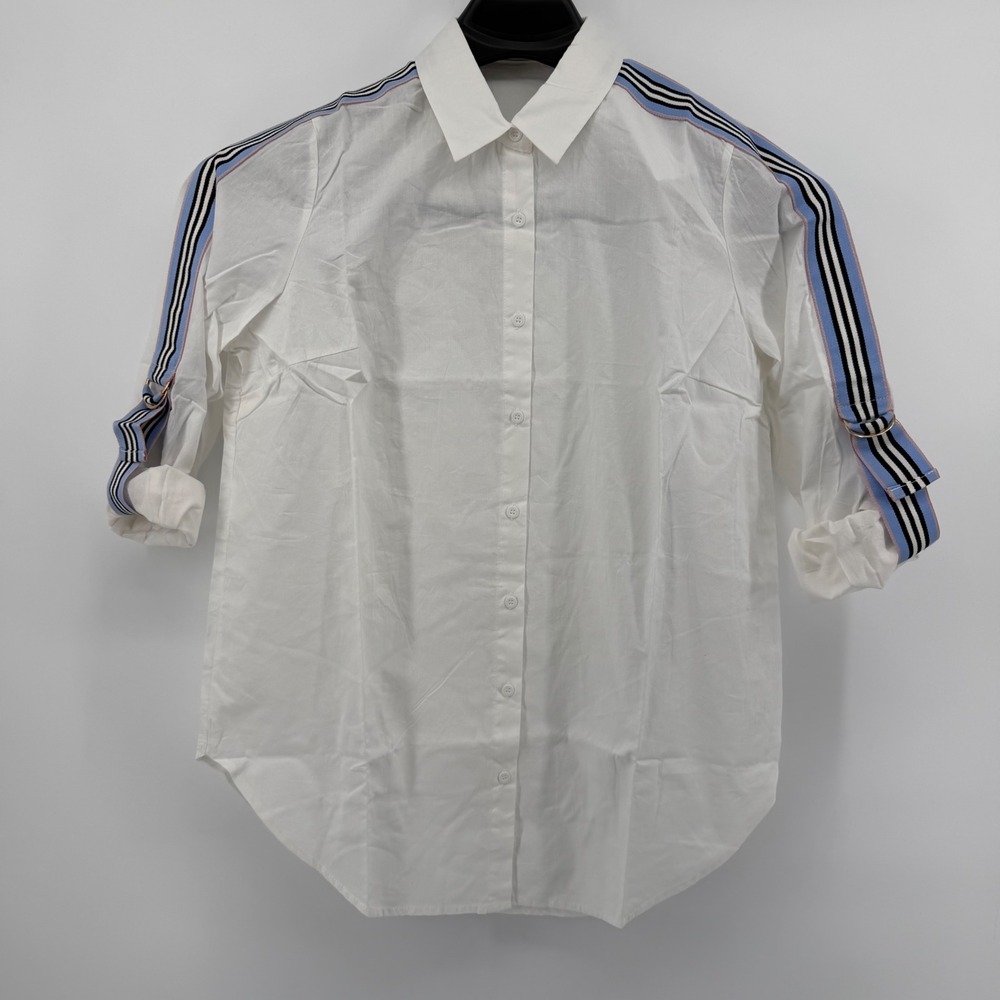 Bishop + Young Shirt Womens Small White Striped Sleeve D-Ring Tab‎ Button Down